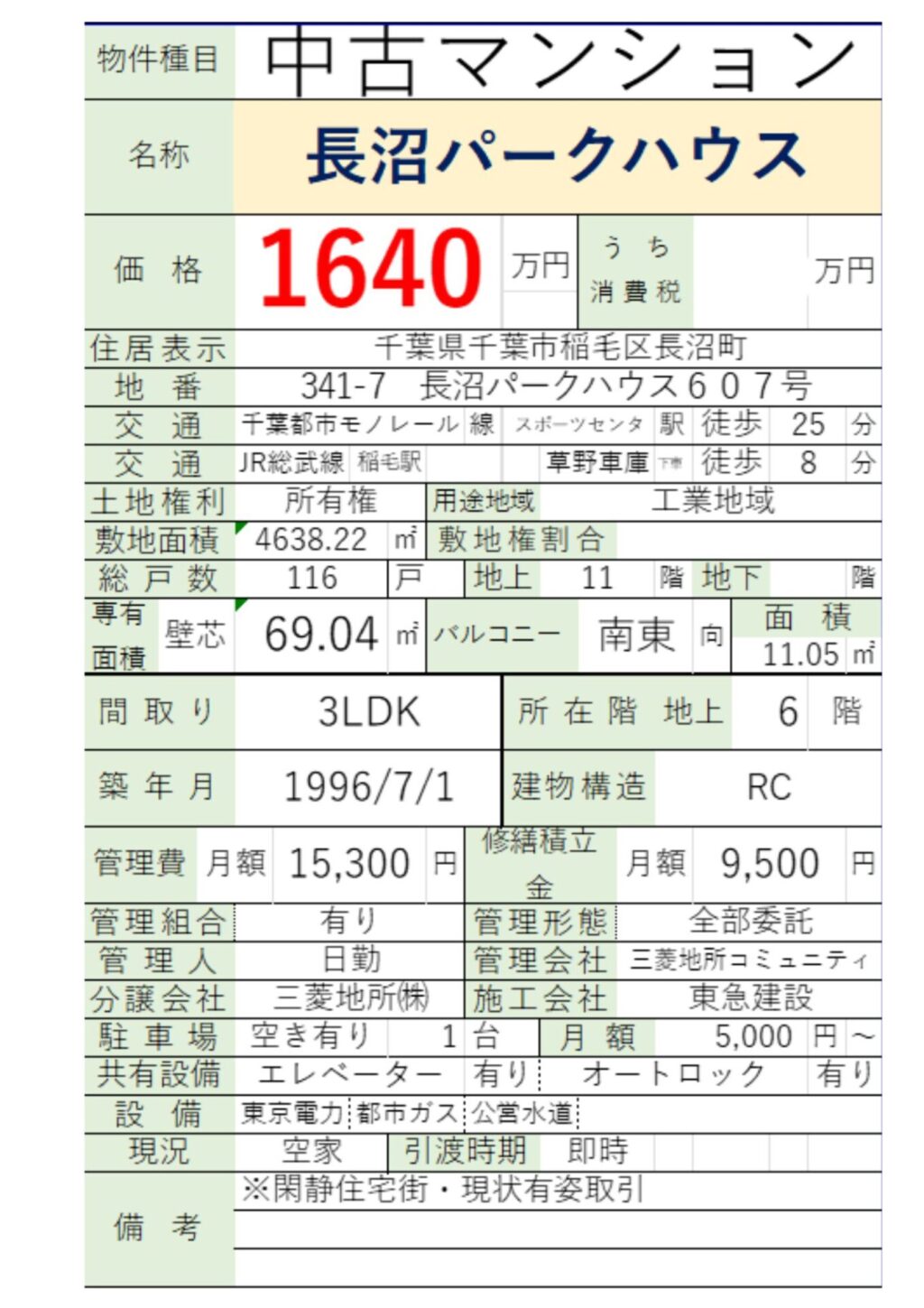 稲毛長沼パークハウス詳細